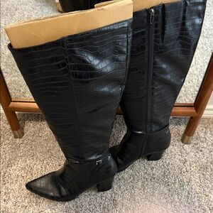 Lifestride Black Croc-Embossed Knee-High Boots Wide Calf